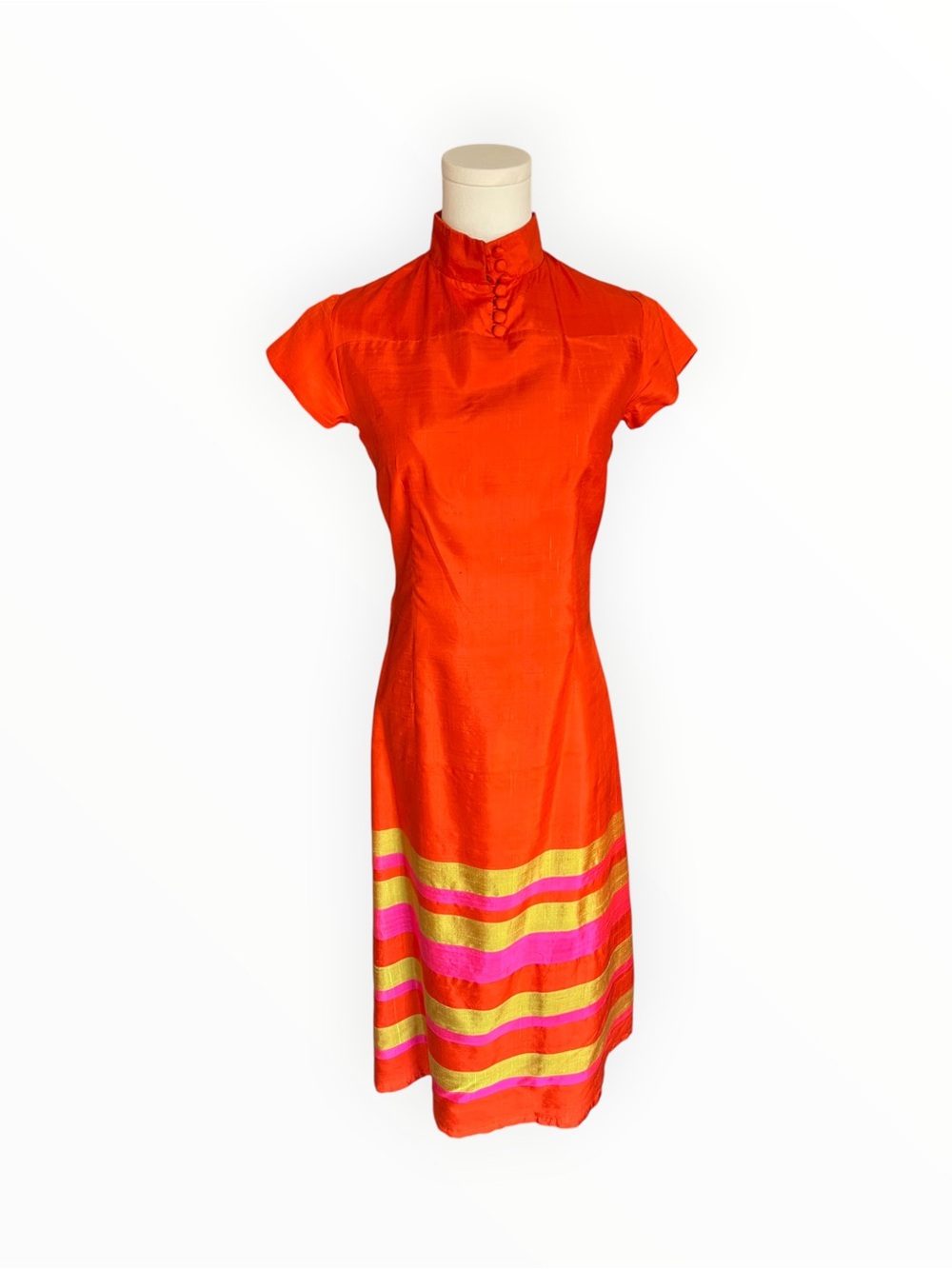 Vintage Orange Cheongsam Qipao Midi Dress Pink Gold size S